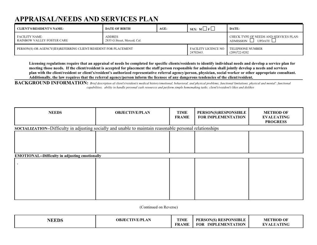 Appraisal/Needs and Services Plan