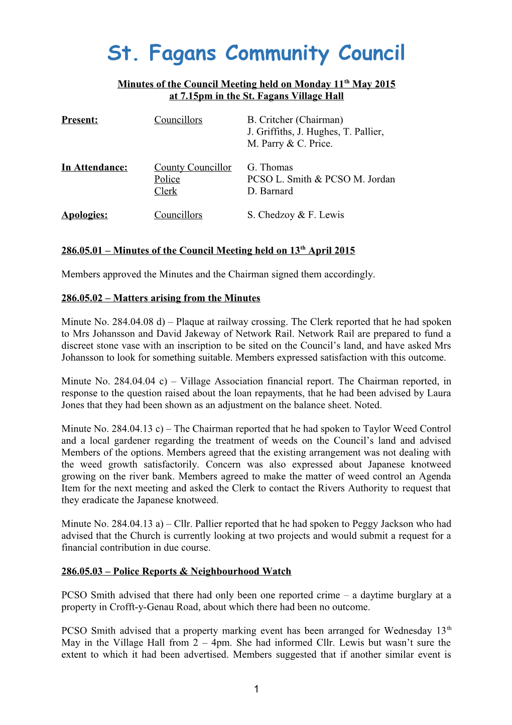 Minutes of the Council Meeting Held on Monday 11Th May 2015
