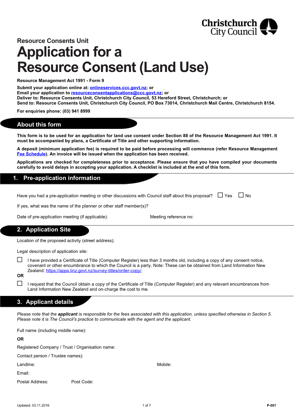 P-001 - Application for Resource Consent (Land Use)
