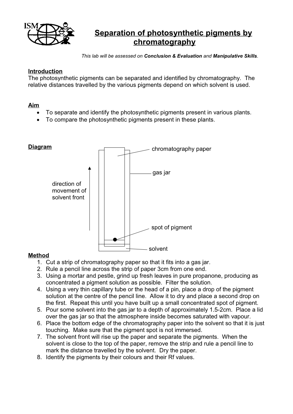 IB Biology Lab Sheet Separation of Photosynthetic Pigments by Chromatography