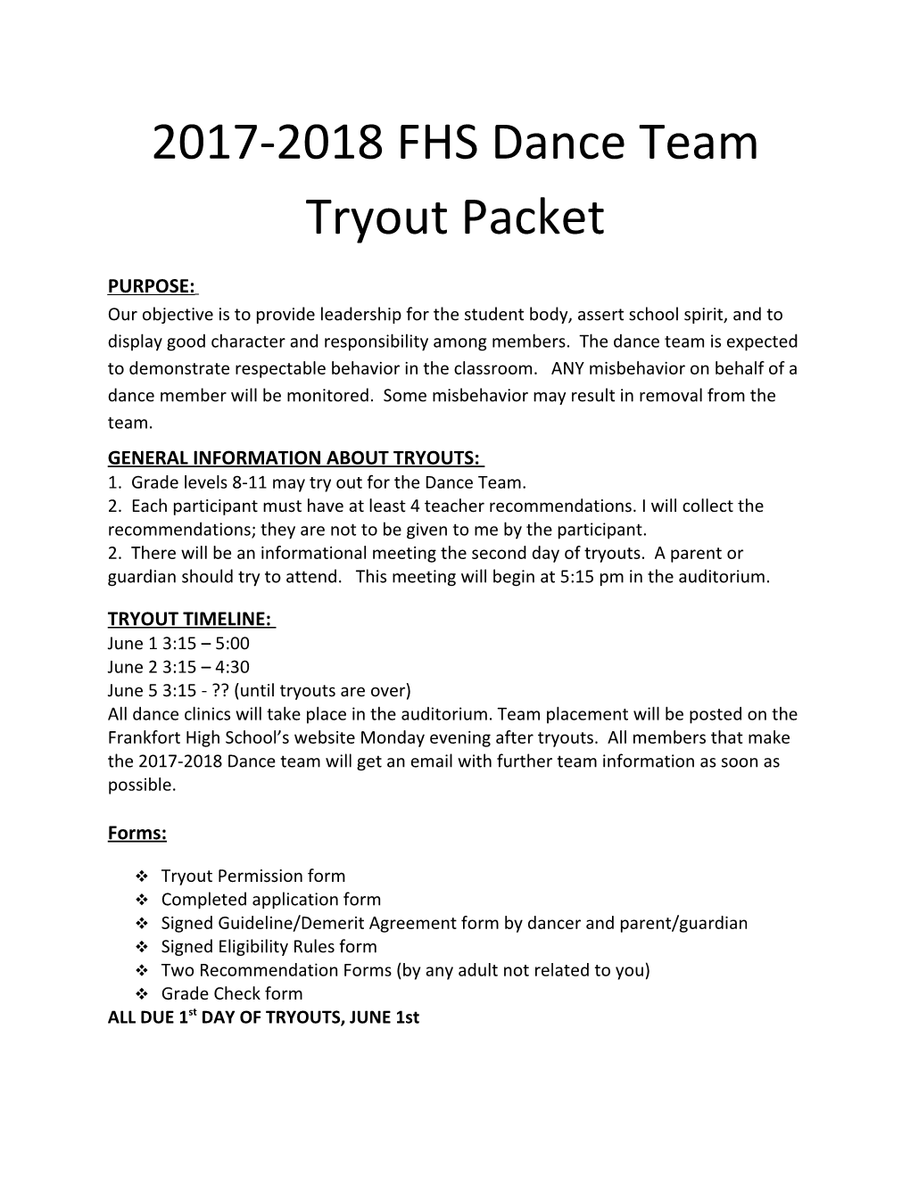 2017-2018 FHS Dance Team Tryout Packet