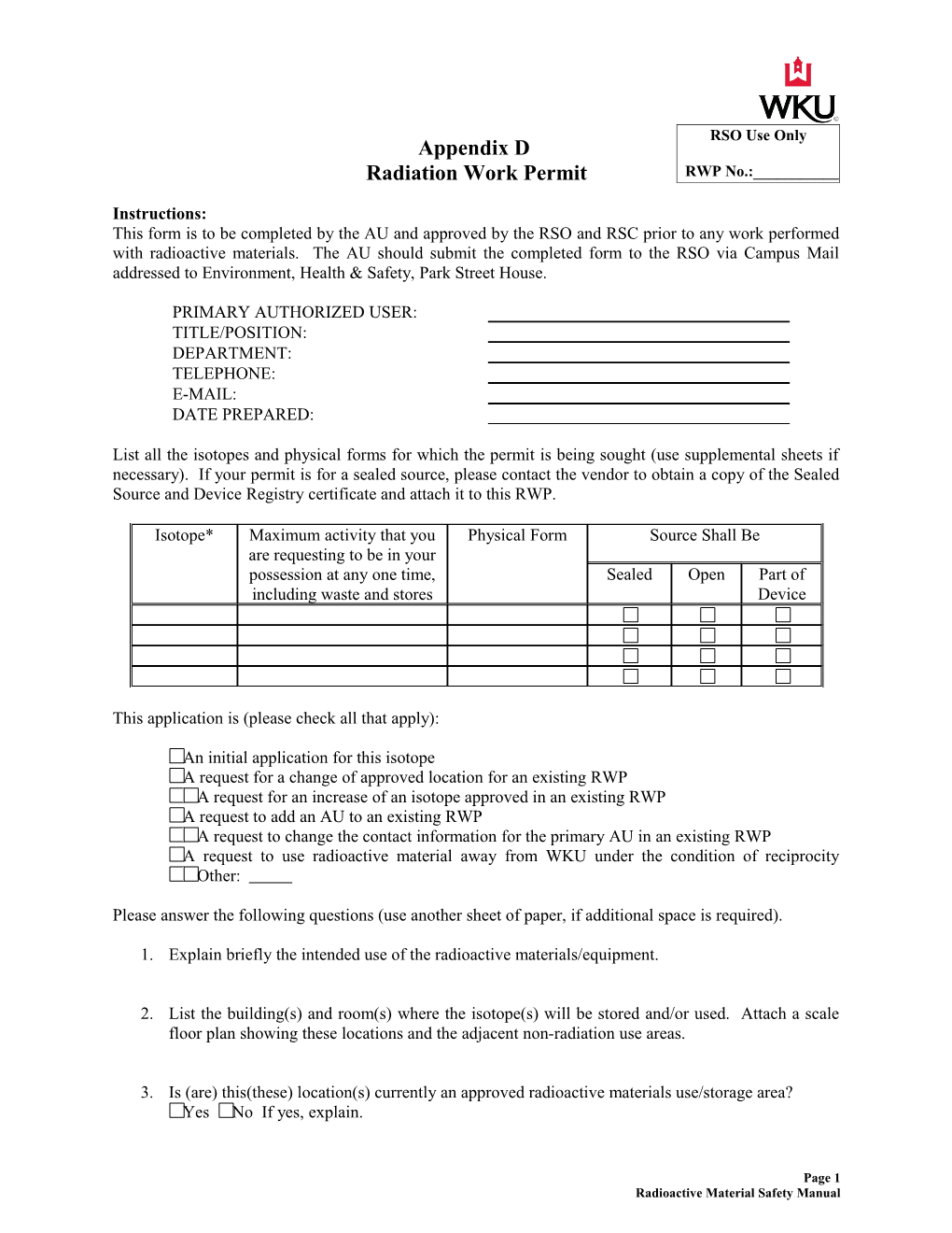 Appendix D Radiation Work Permit Instructions