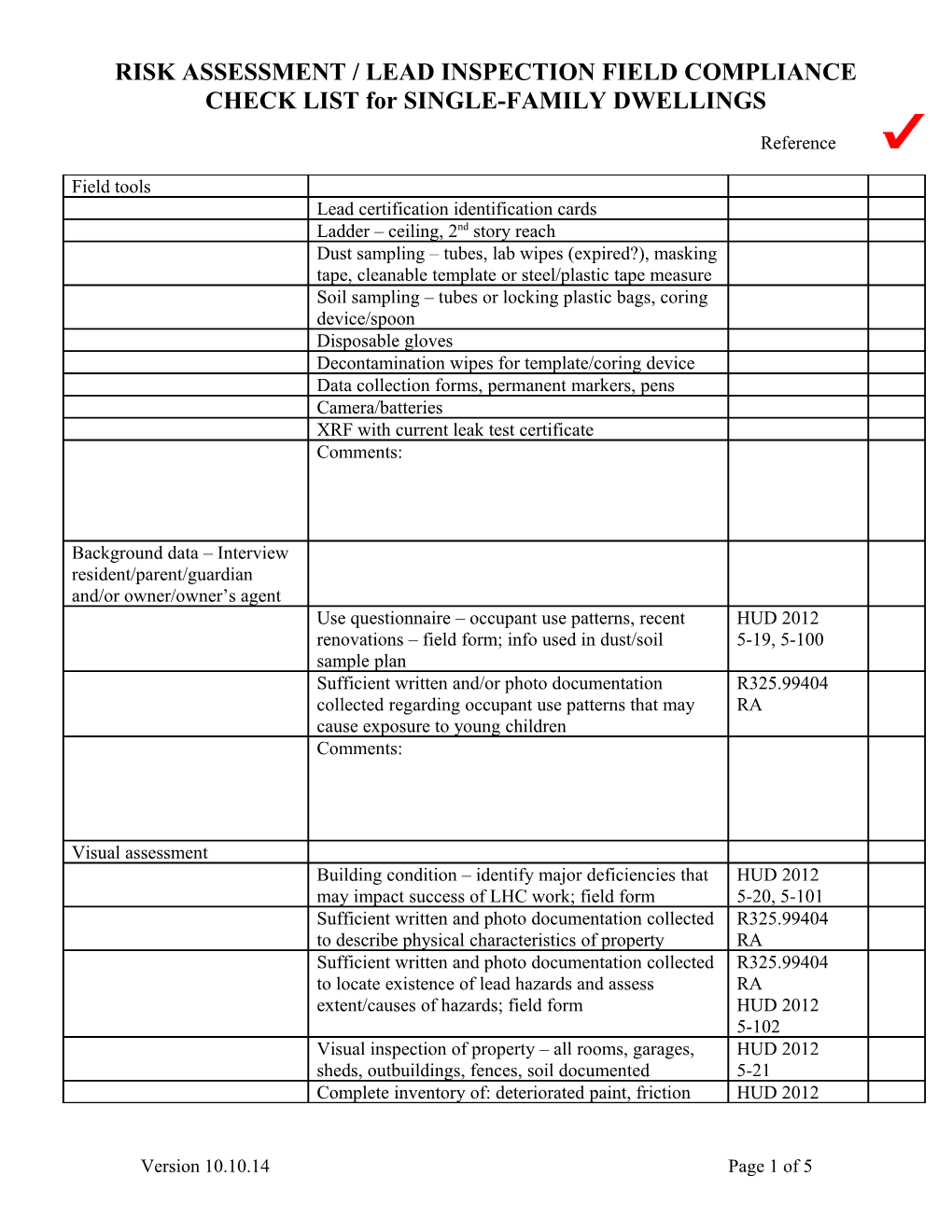 Risk Assessment / Lead Inspection Field Compliance