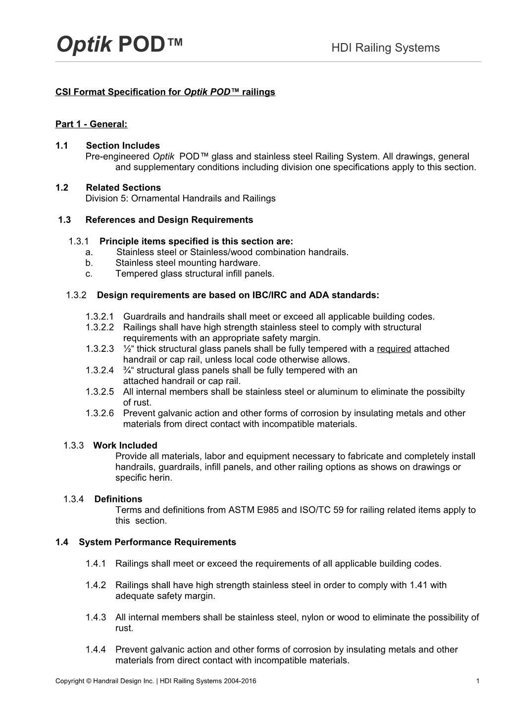 CSI Format Specification for Optik POD Railings