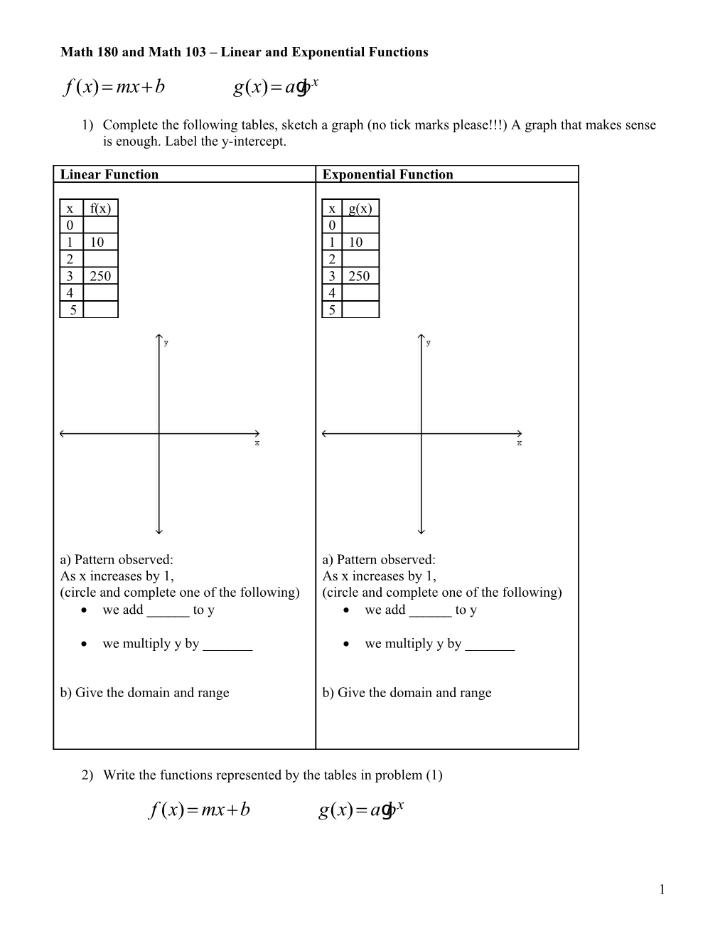 Math 180 and Math 103 Linear and Exponential Functions