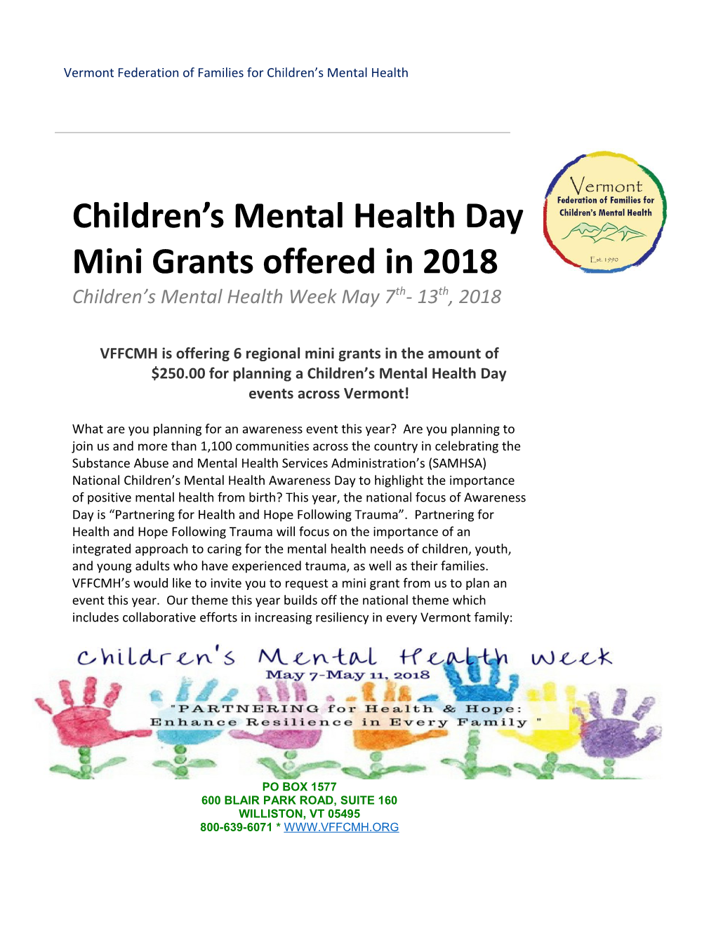 Children S Mental Health Day Mini Grants Offered in 2018