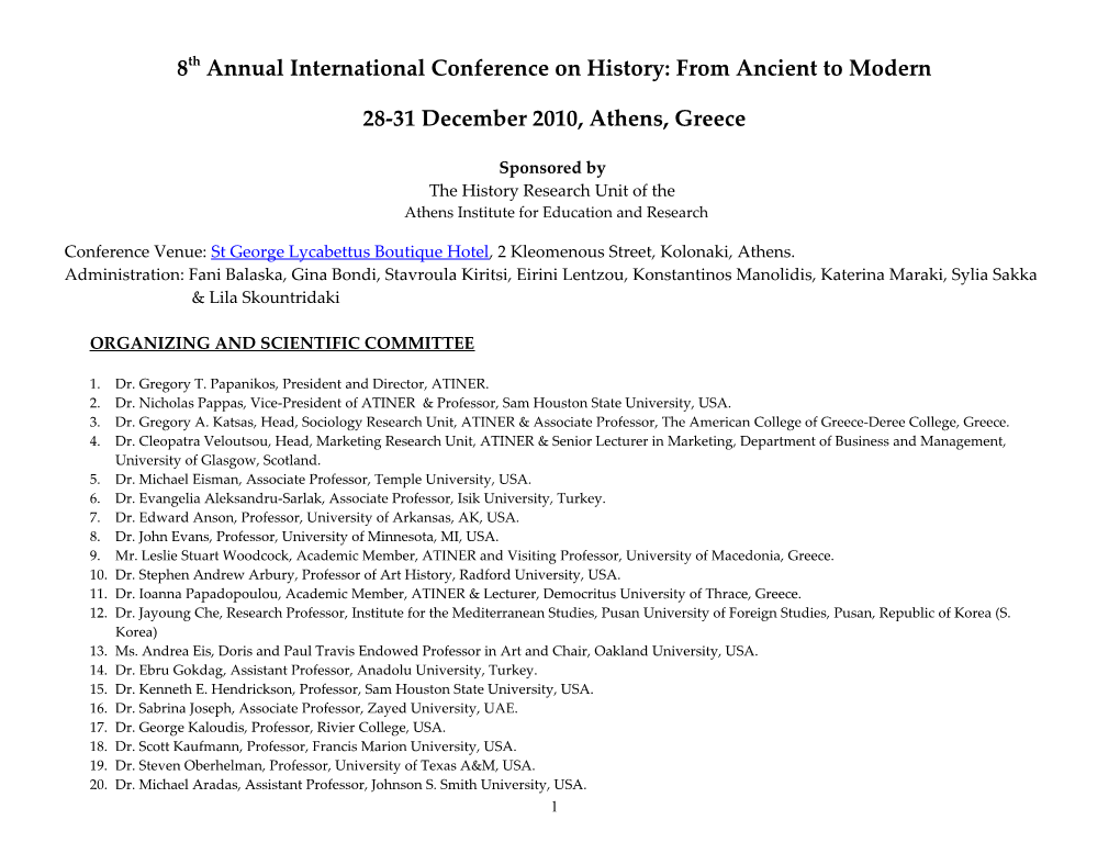 8Th Annual International Conference on History: from Ancient to Modern
