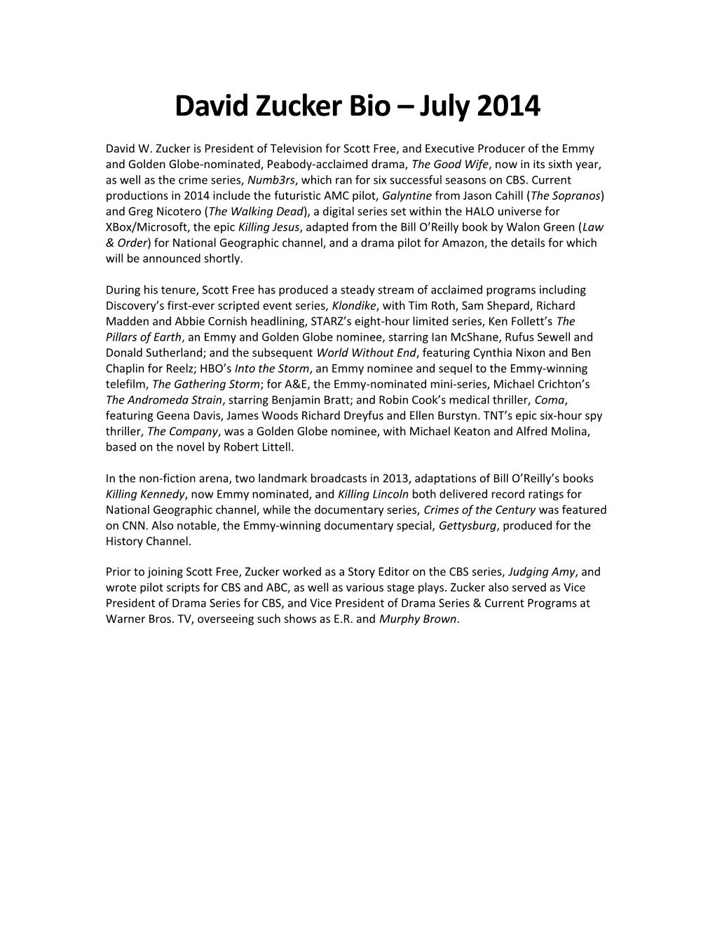 David Zucker Bio July 2014