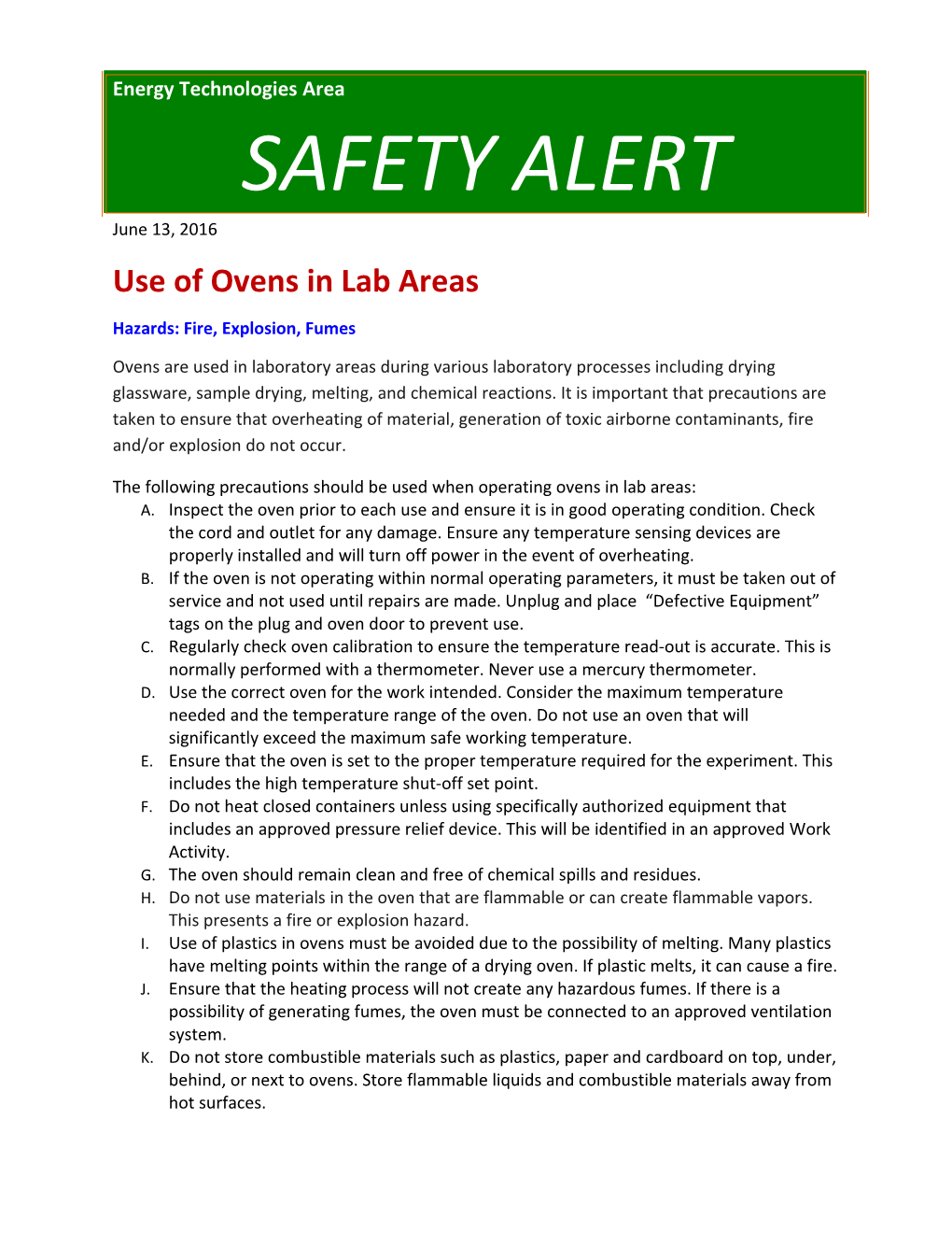 Use of Ovens in Lab Areas