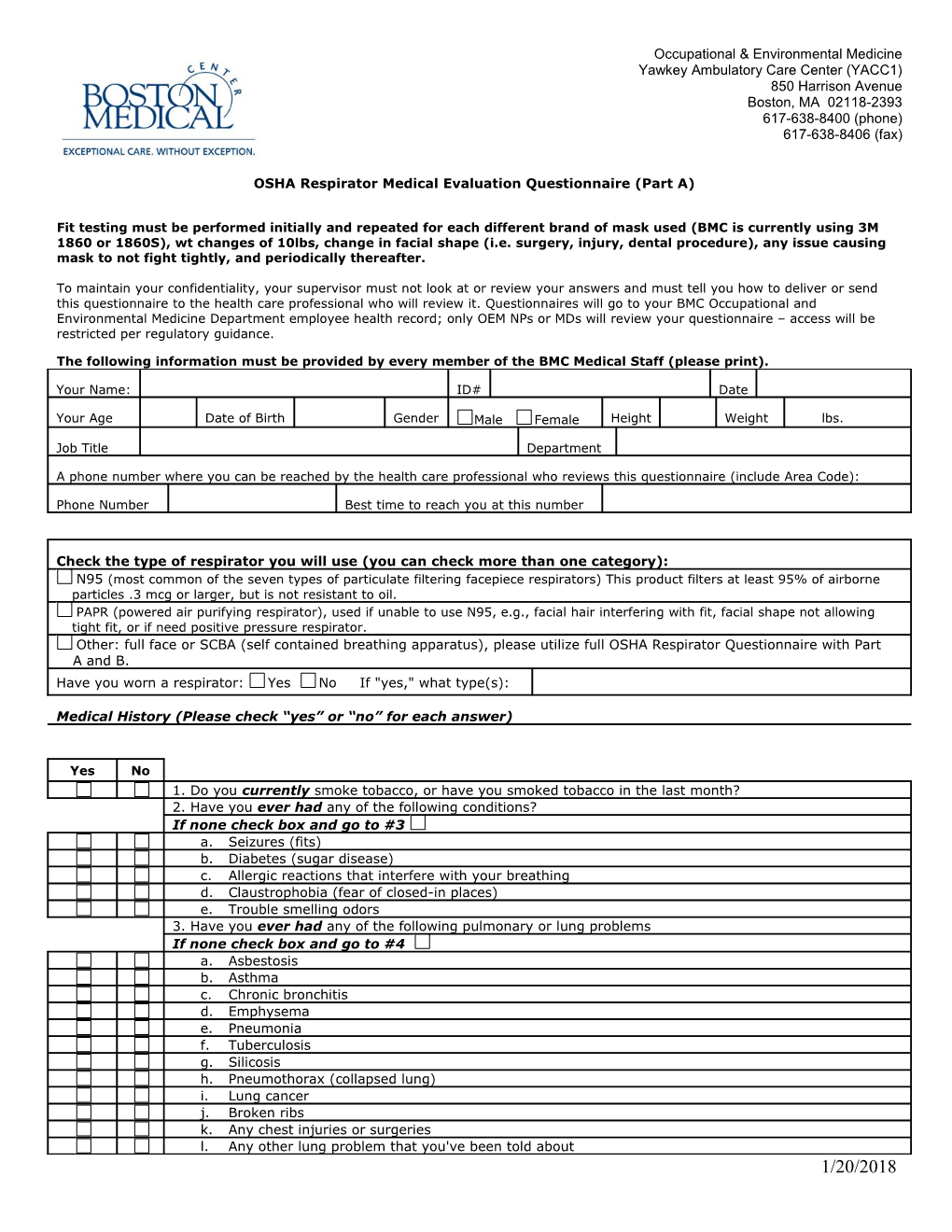 OSHA Respirator Medical Evaluation Questionnaire (Part A)