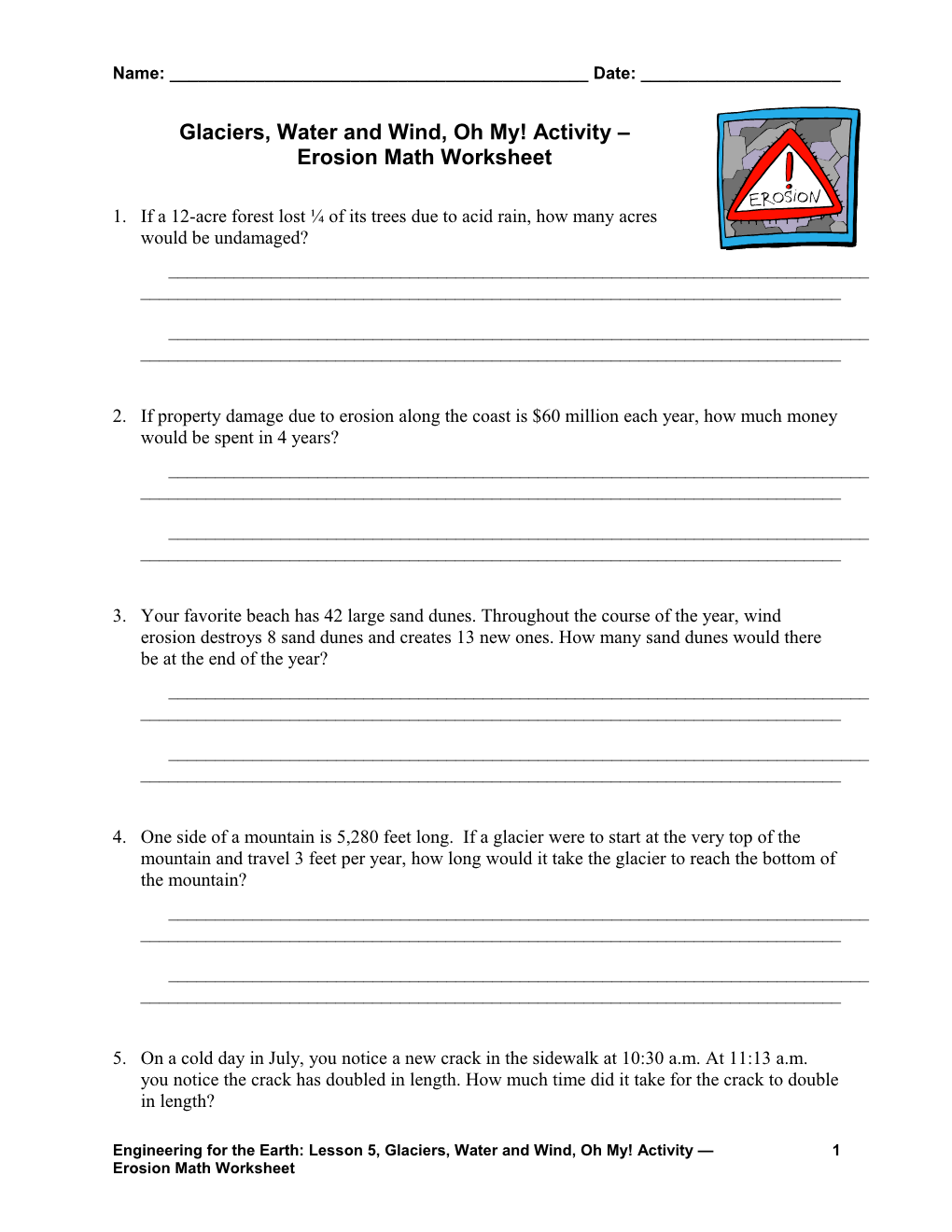 Glaciers, Water and Wind, Oh My! Activity Erosion Math Worksheet