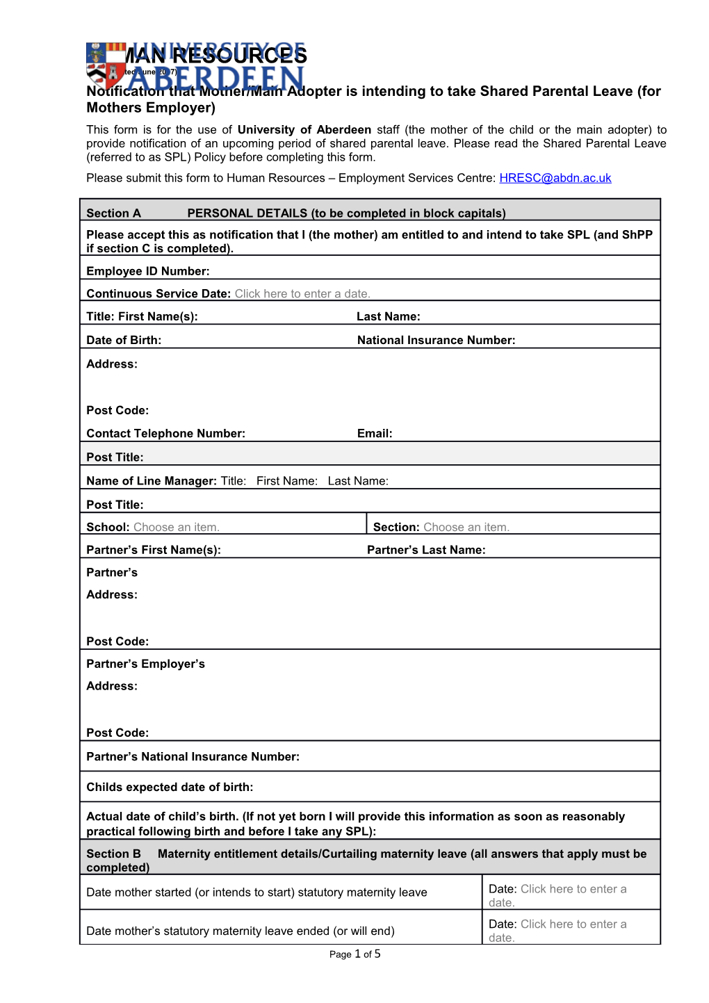 Please Submit This Form to Human Resources Employment Services Centre