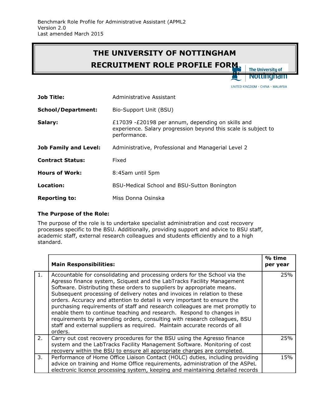 Benchmark Role Profile for Administrative Assistant (APML2