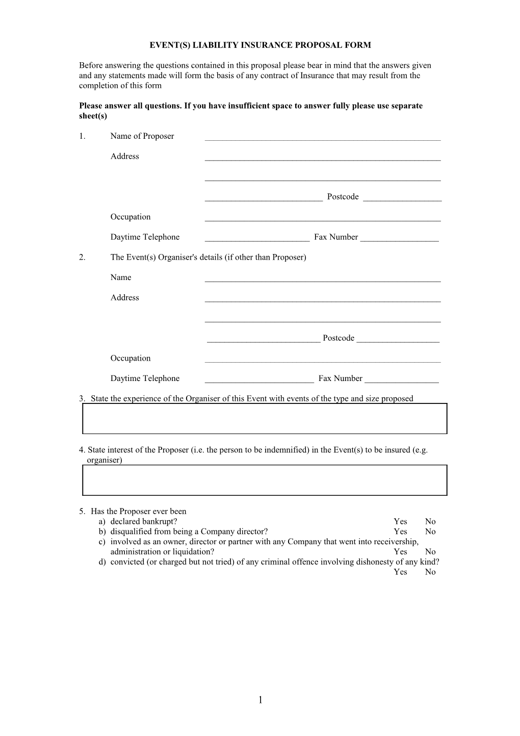 Event(S) Liability Insurance Proposal Form