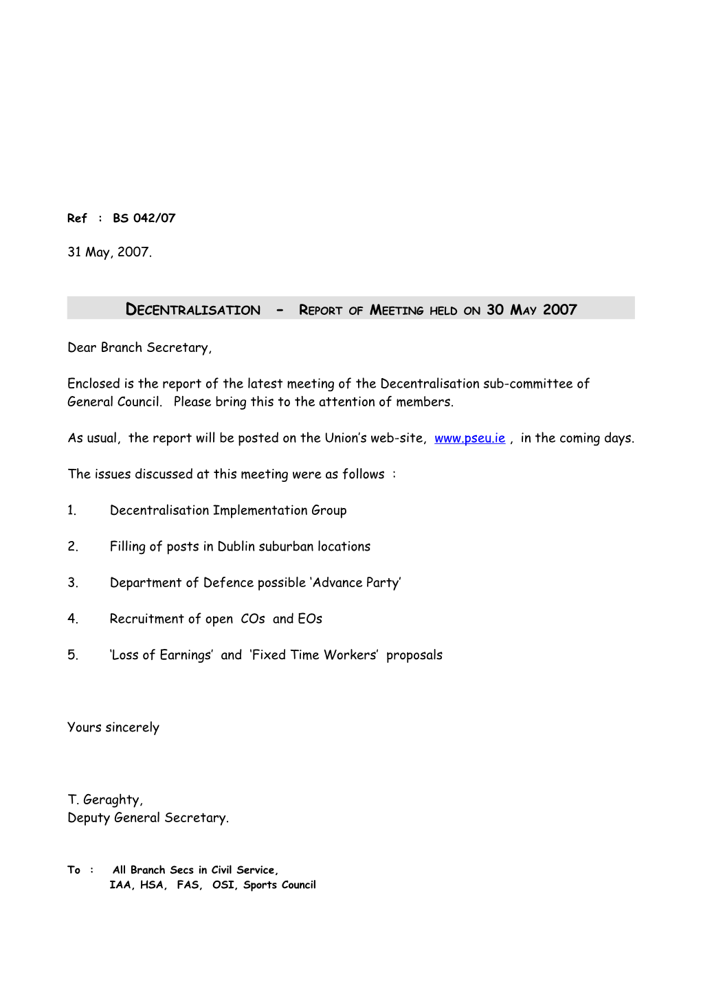 Decentralisation - Report of Meeting Held on 30 May 2007