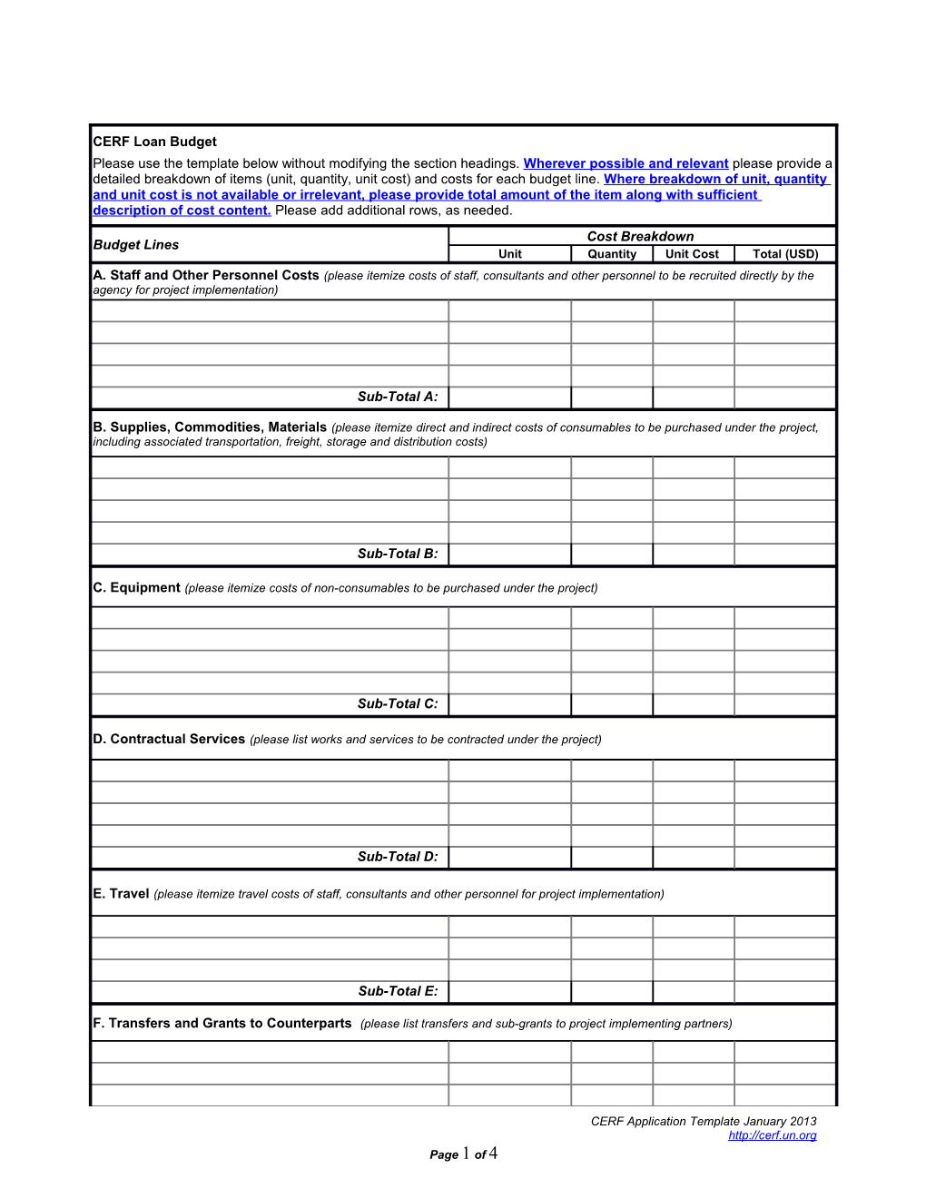 CERF Loan Budget Template and Guidance - Jan2013