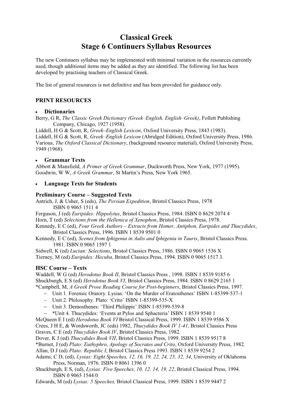 Classical Greek - Stage 6 Continuers Syllabus Resources