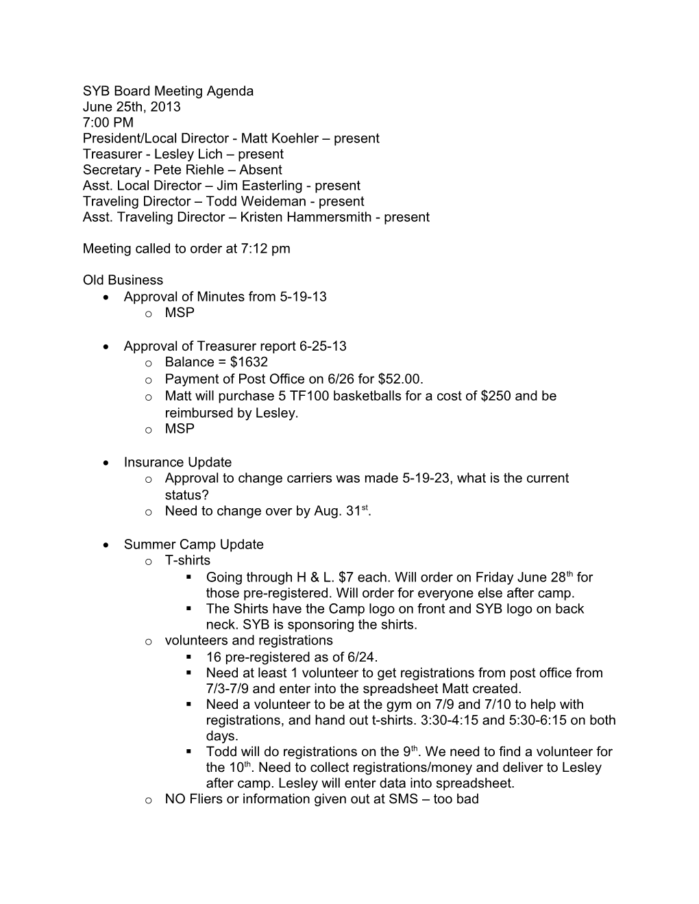 SYB Board Meeting Agenda