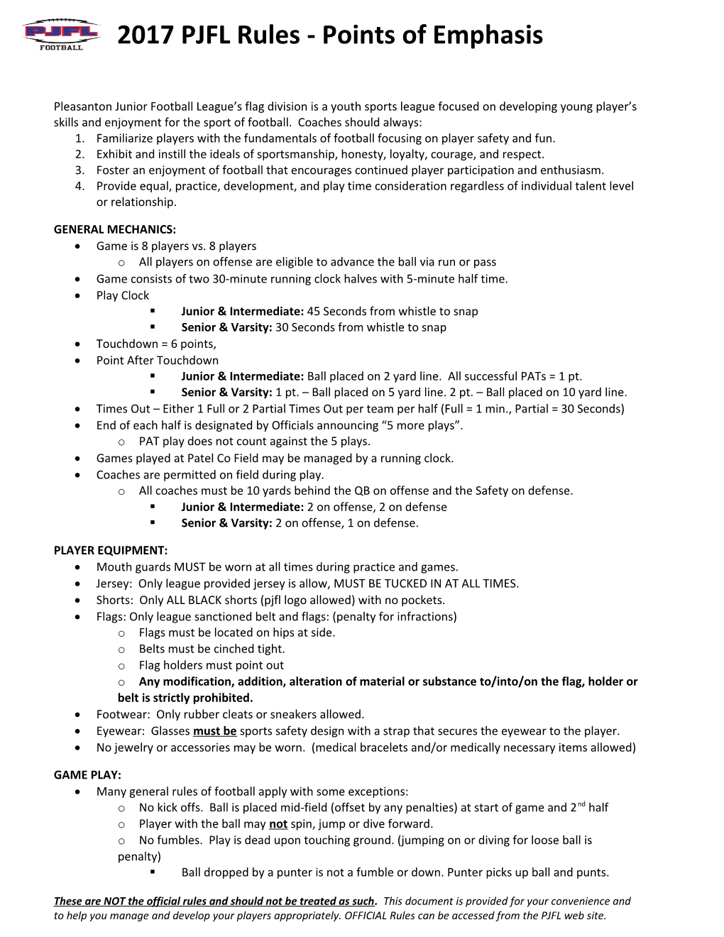 2017 PJFL Rules - Points of Emphasis