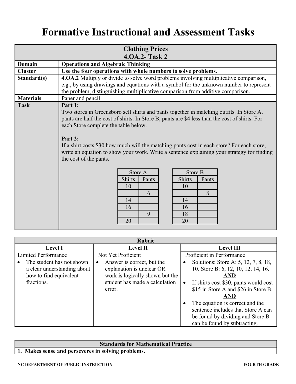 Formative Instructional and Assessment Tasks