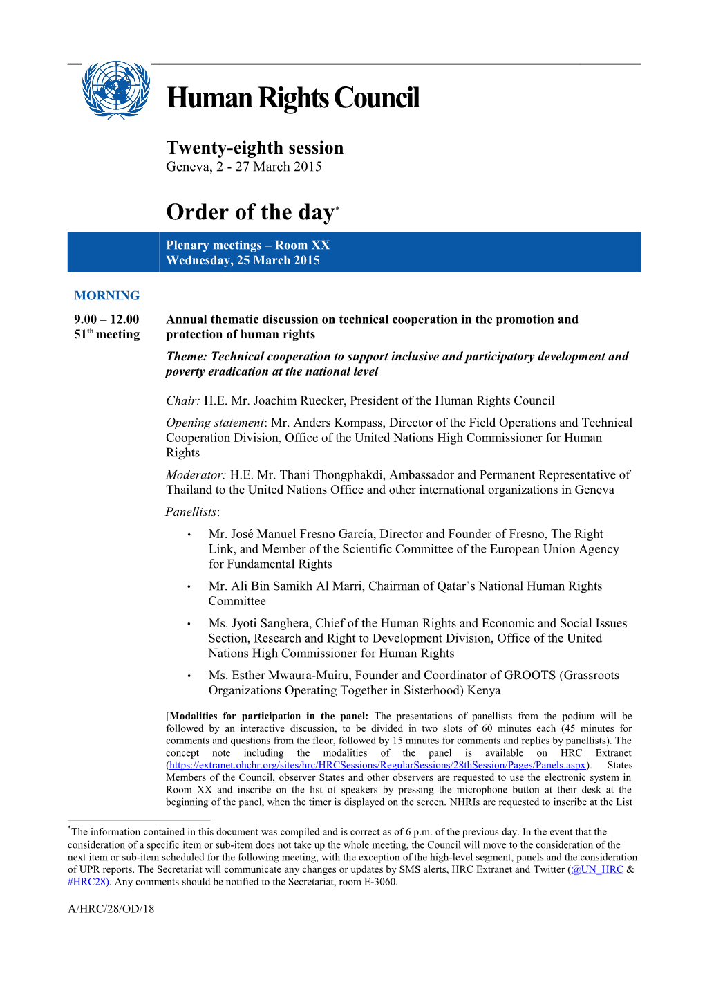 Order of the Day, Wednesday 25 March 2015