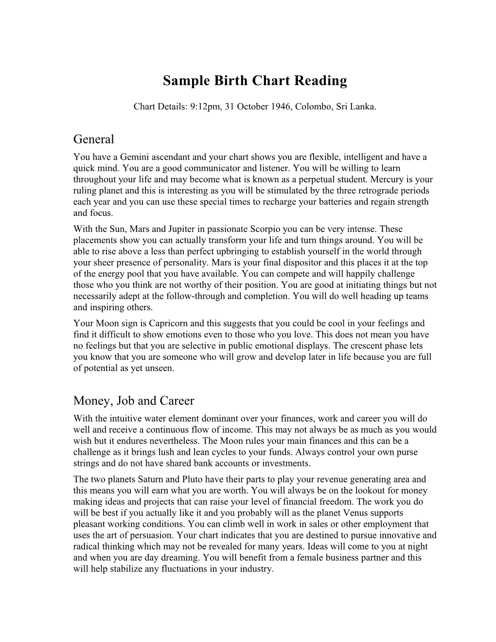 Sample Birth Chart Reading