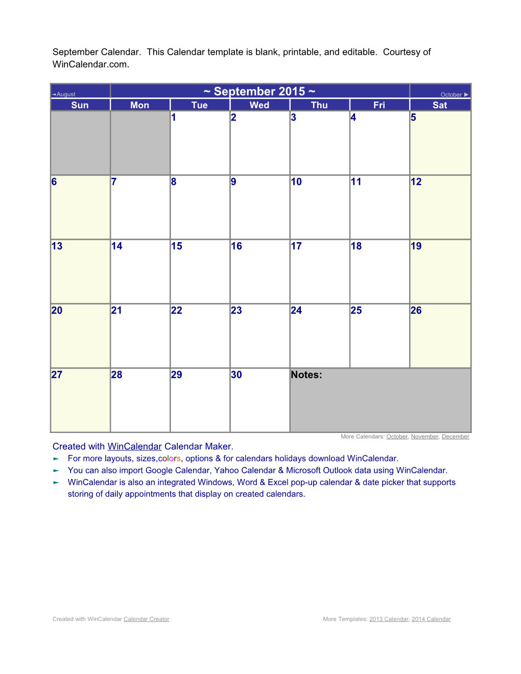 September Calendar. This Calendar Template Is Blank, Printable, and Editable. Courtesy