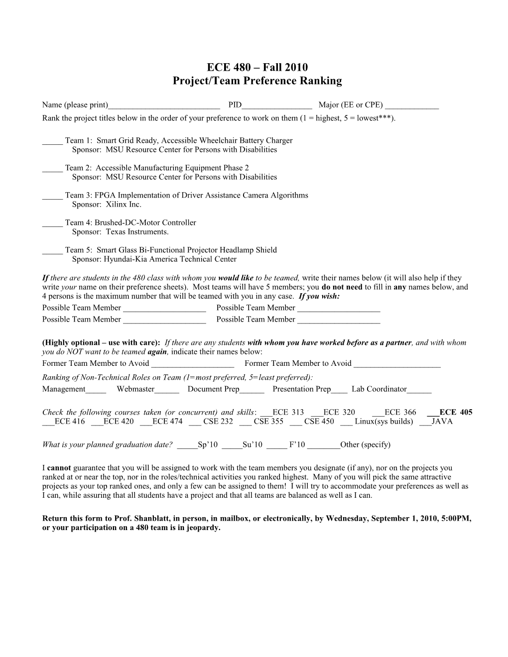ECE 480 Project Preference Ranking Form