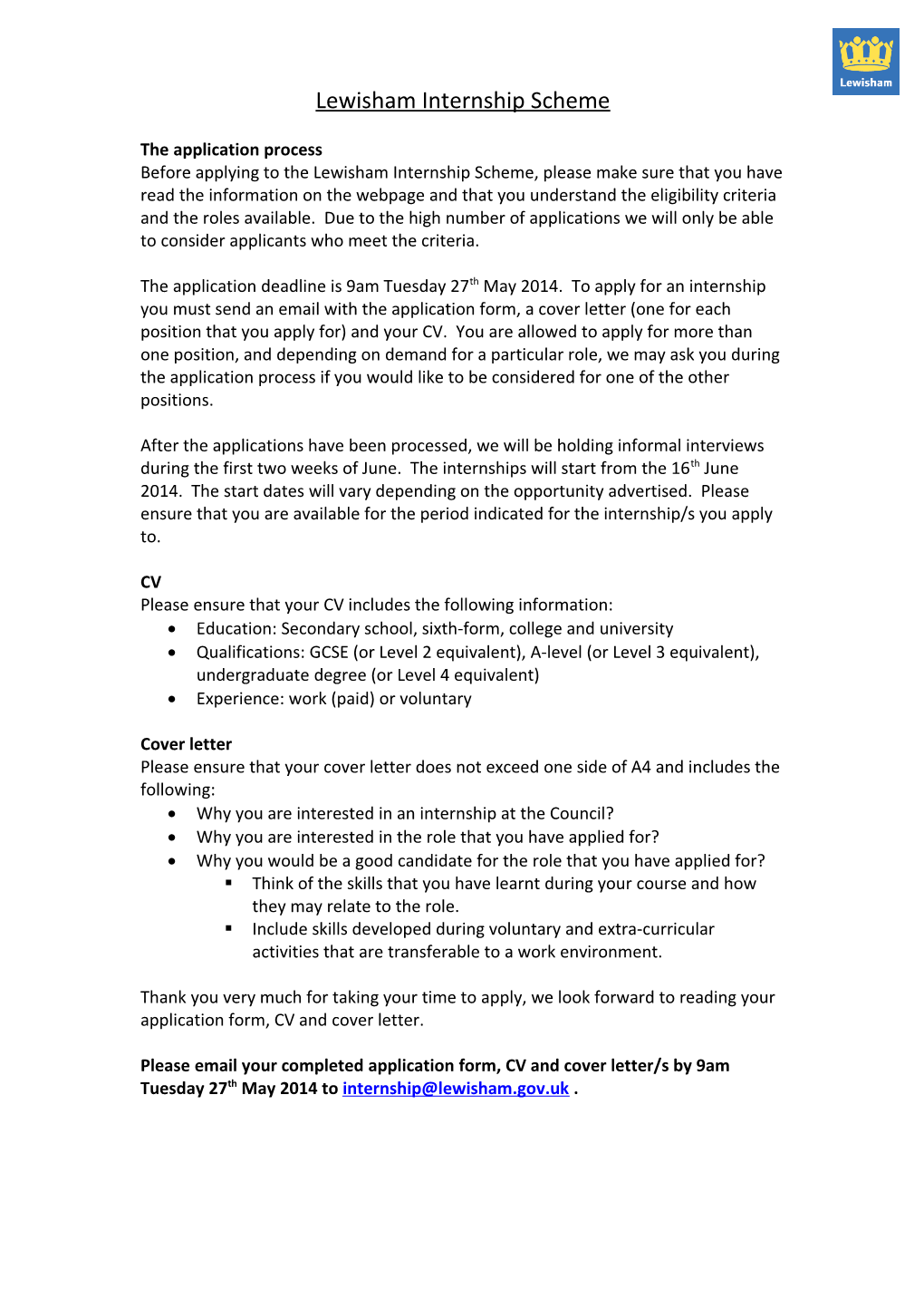 Lewisham Internship Scheme Application Form