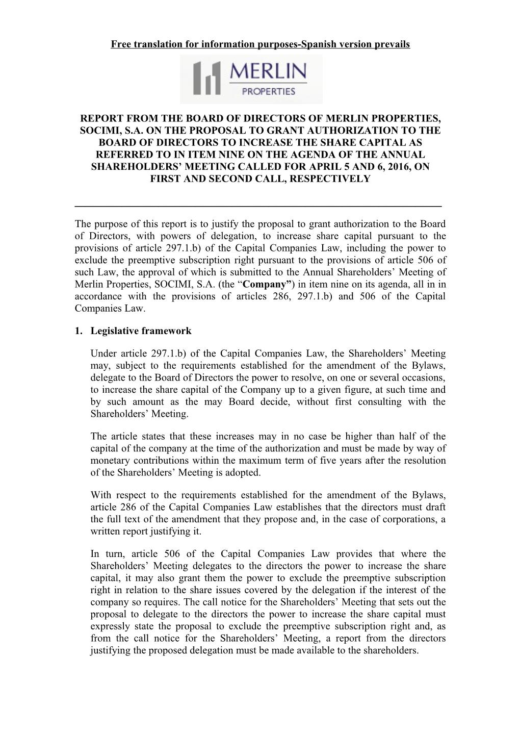 Report from the Board of Directors of Merlin Properties, Socimi, S.A. on the Proposal