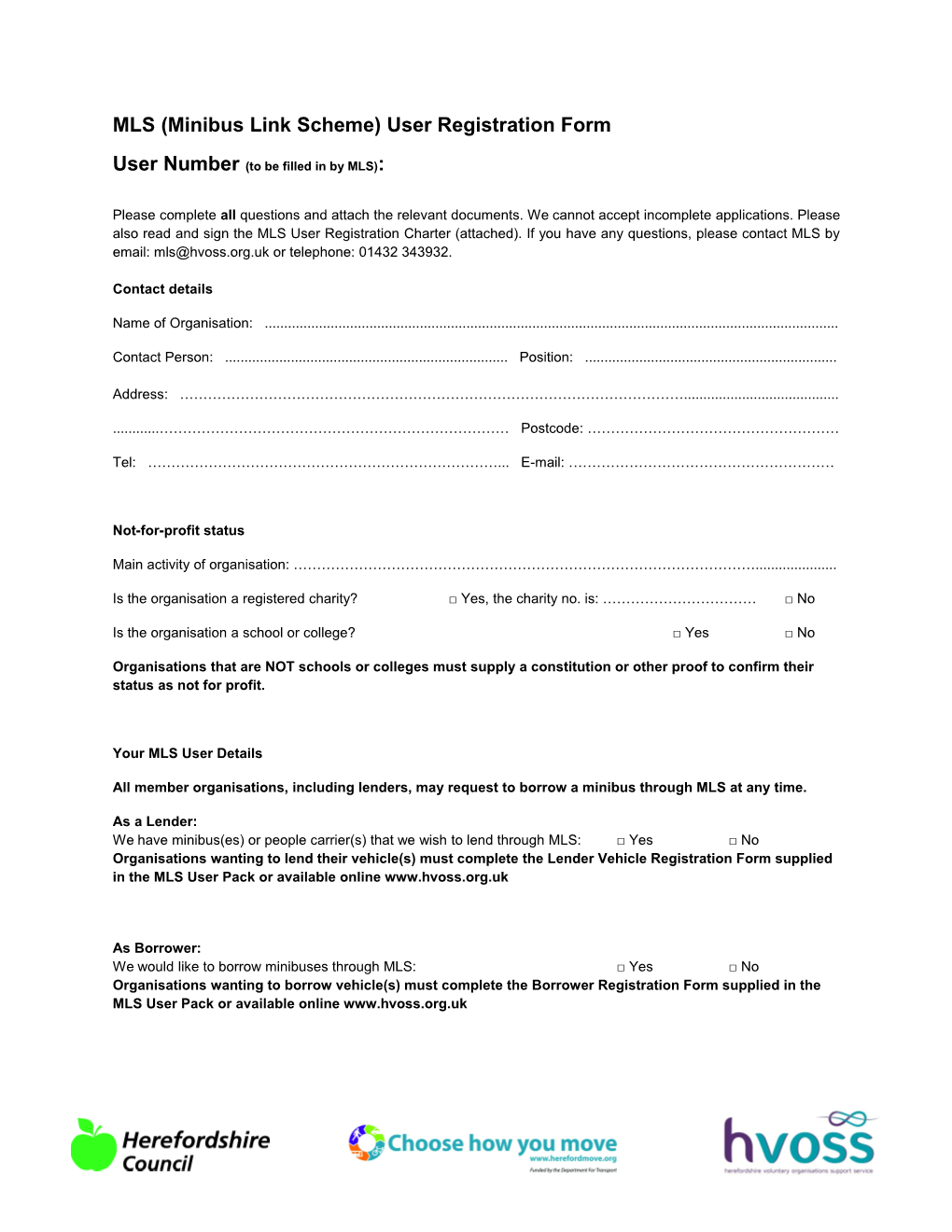 MLS (Minibus Link Scheme) User Registration Form