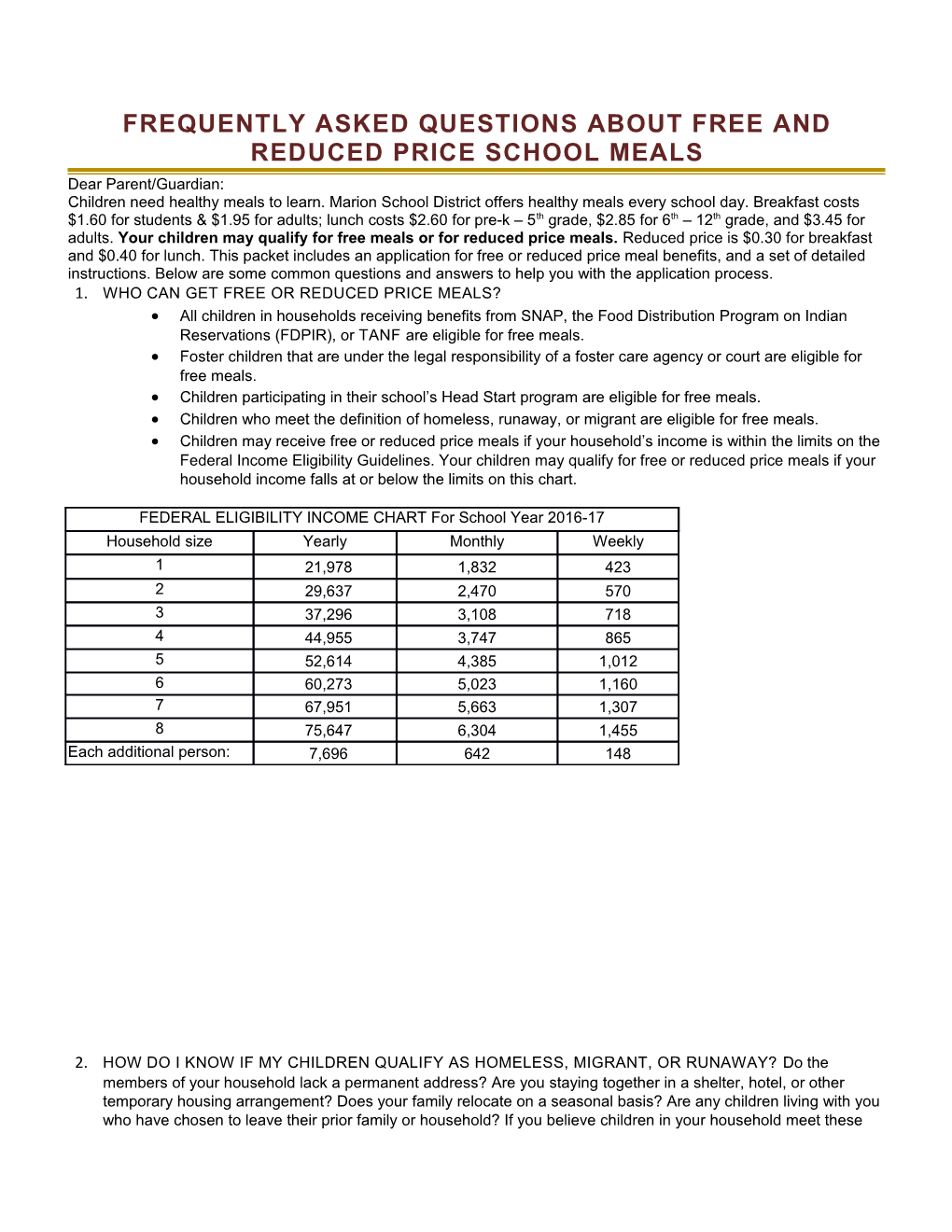 Frequently Asked Questions About Free and Reduced Price School Meals s1