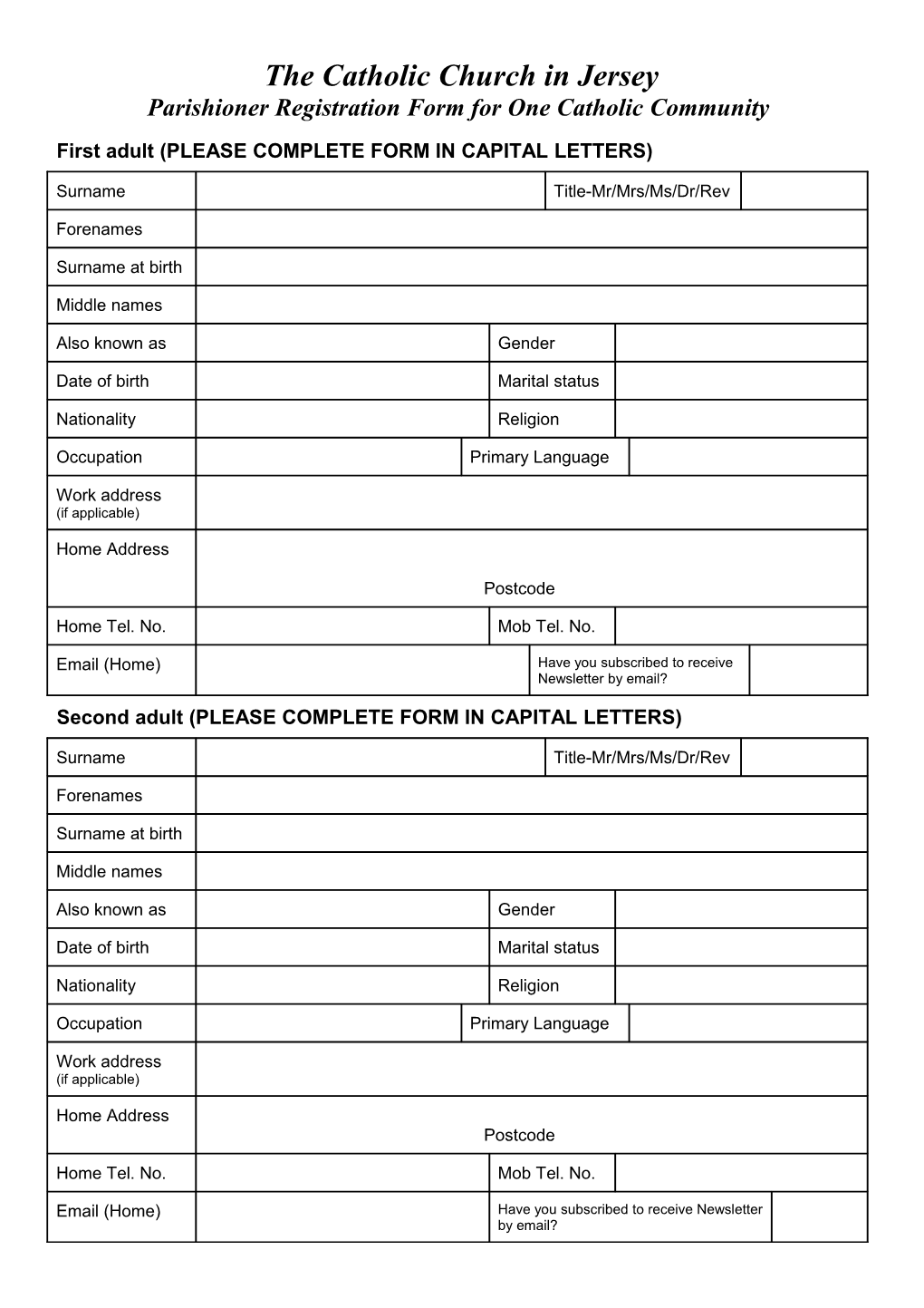 Parishioner Registration Form for One Catholic Community