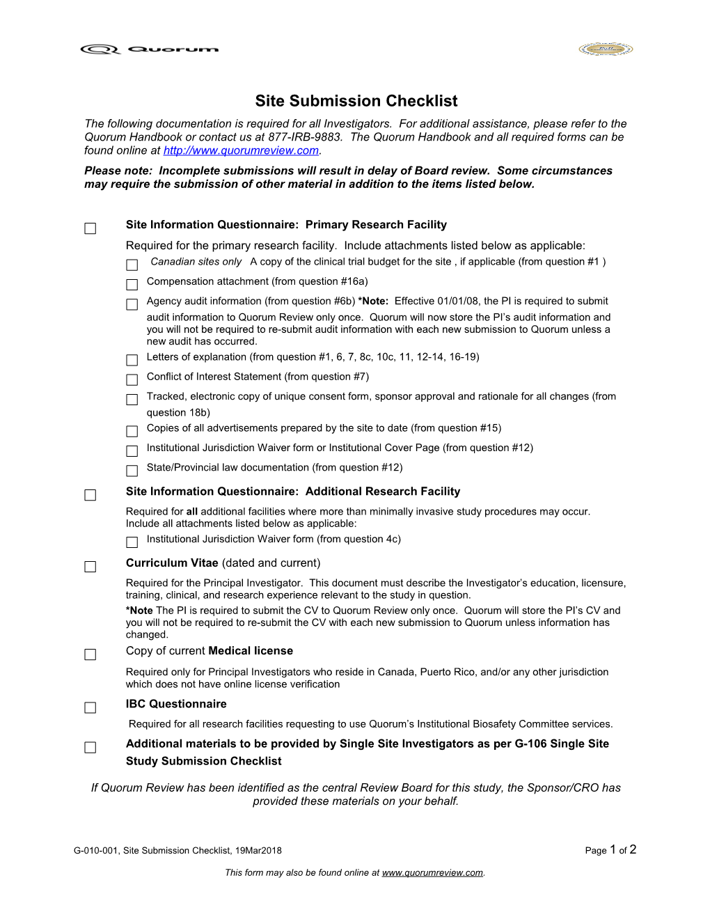 Site Submission Checklist