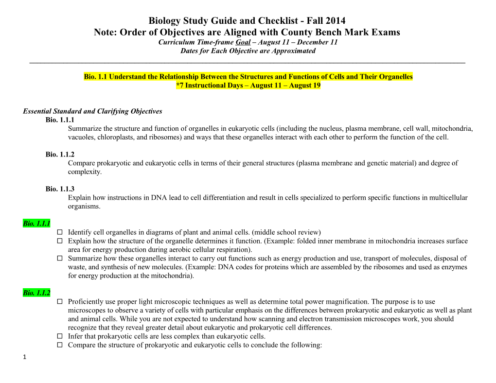 Biology Study Guide and Checklist - Fall 2014