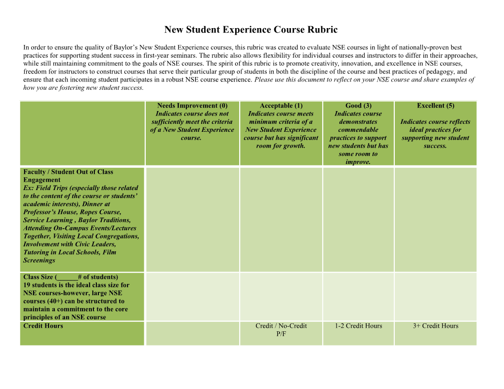 New Student Experience Course Rubric