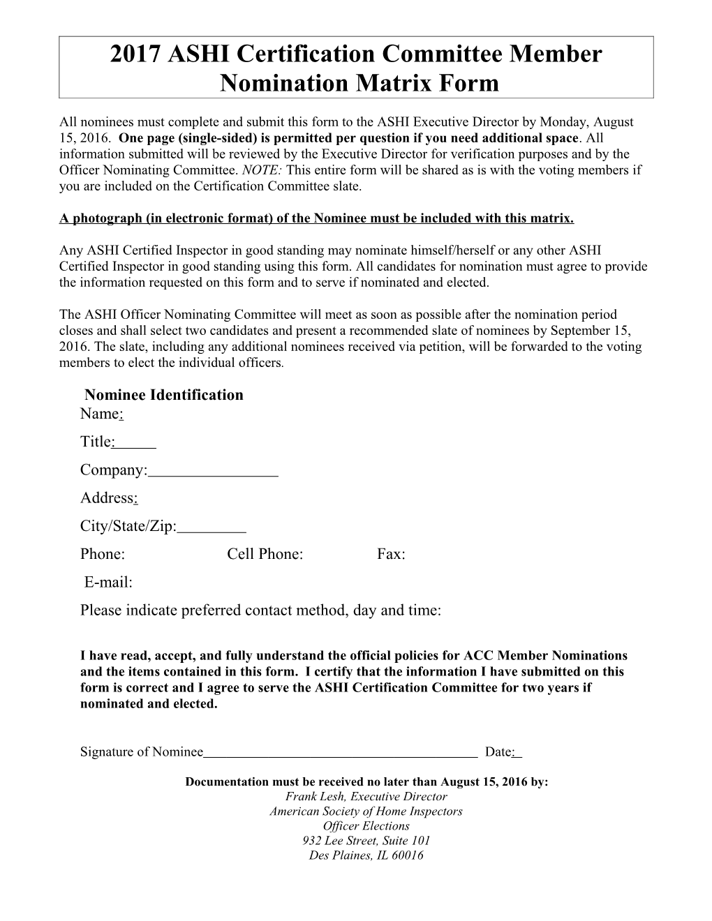 ASHI Officer Nomination Matrix Form