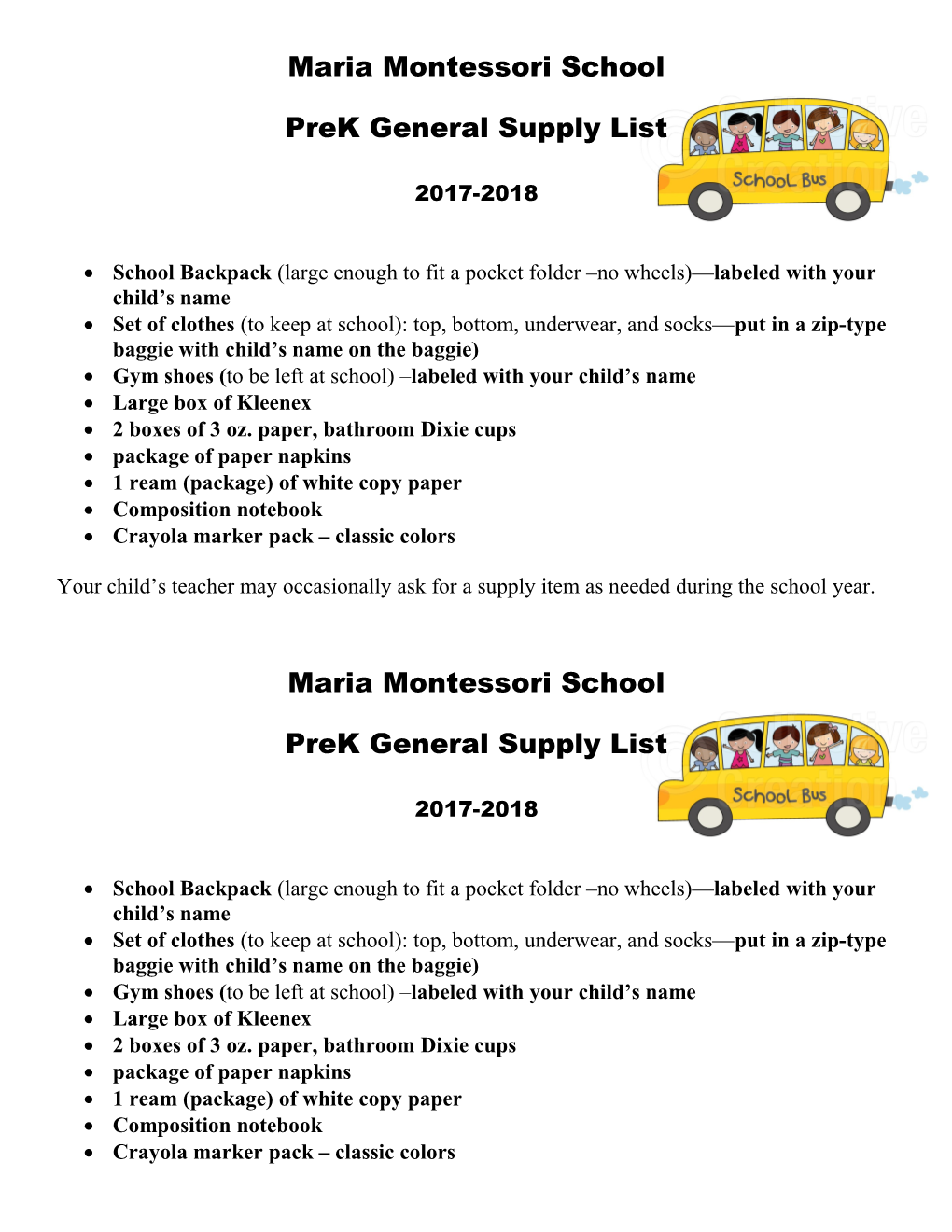 Prek General Supply List