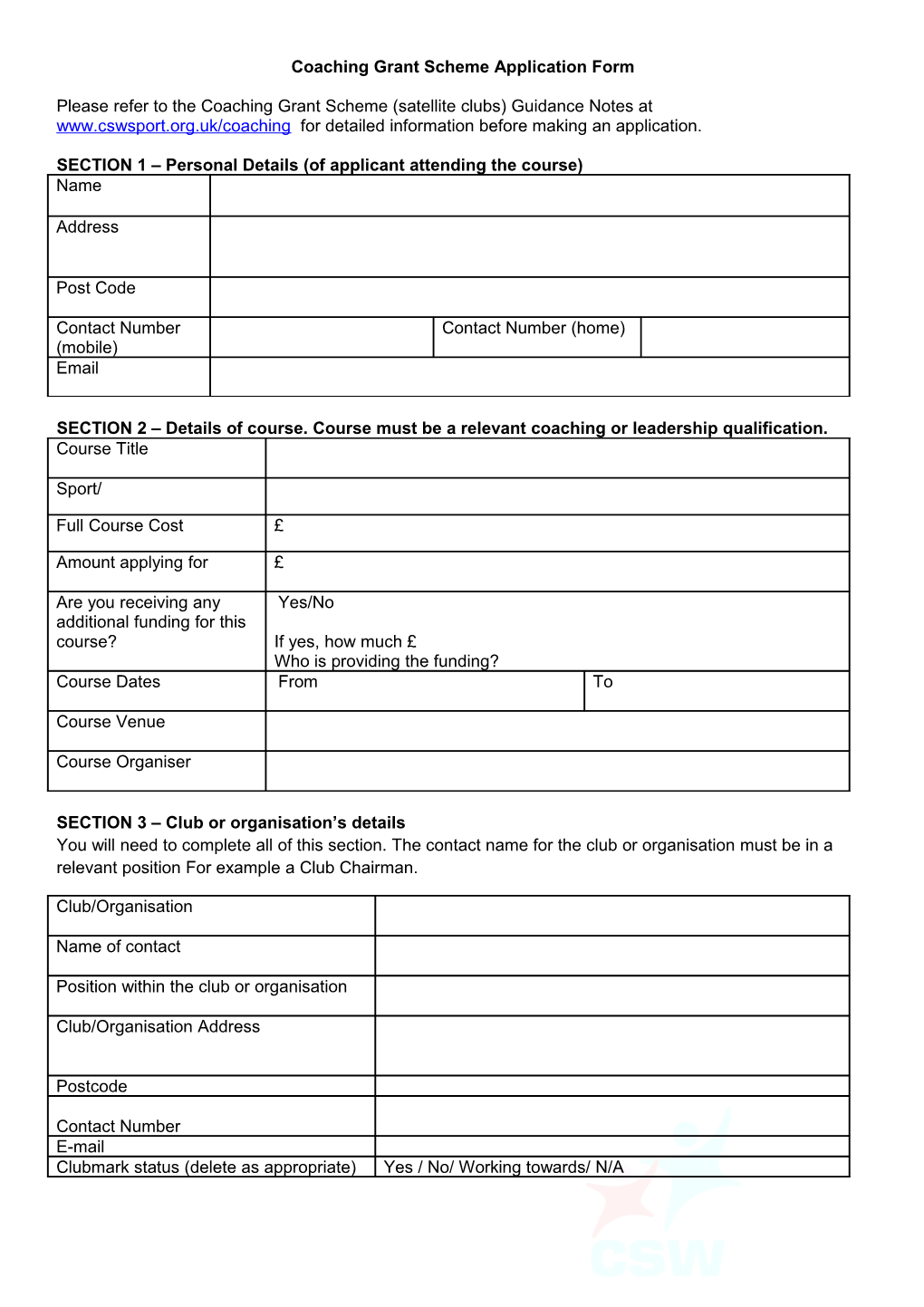 Coaching Grant Scheme Application Form