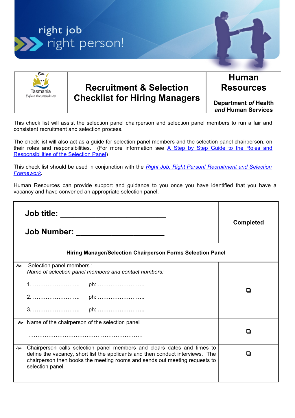 This Check List Will Assist the Selection Panel Chairperson and Selection Panel Members