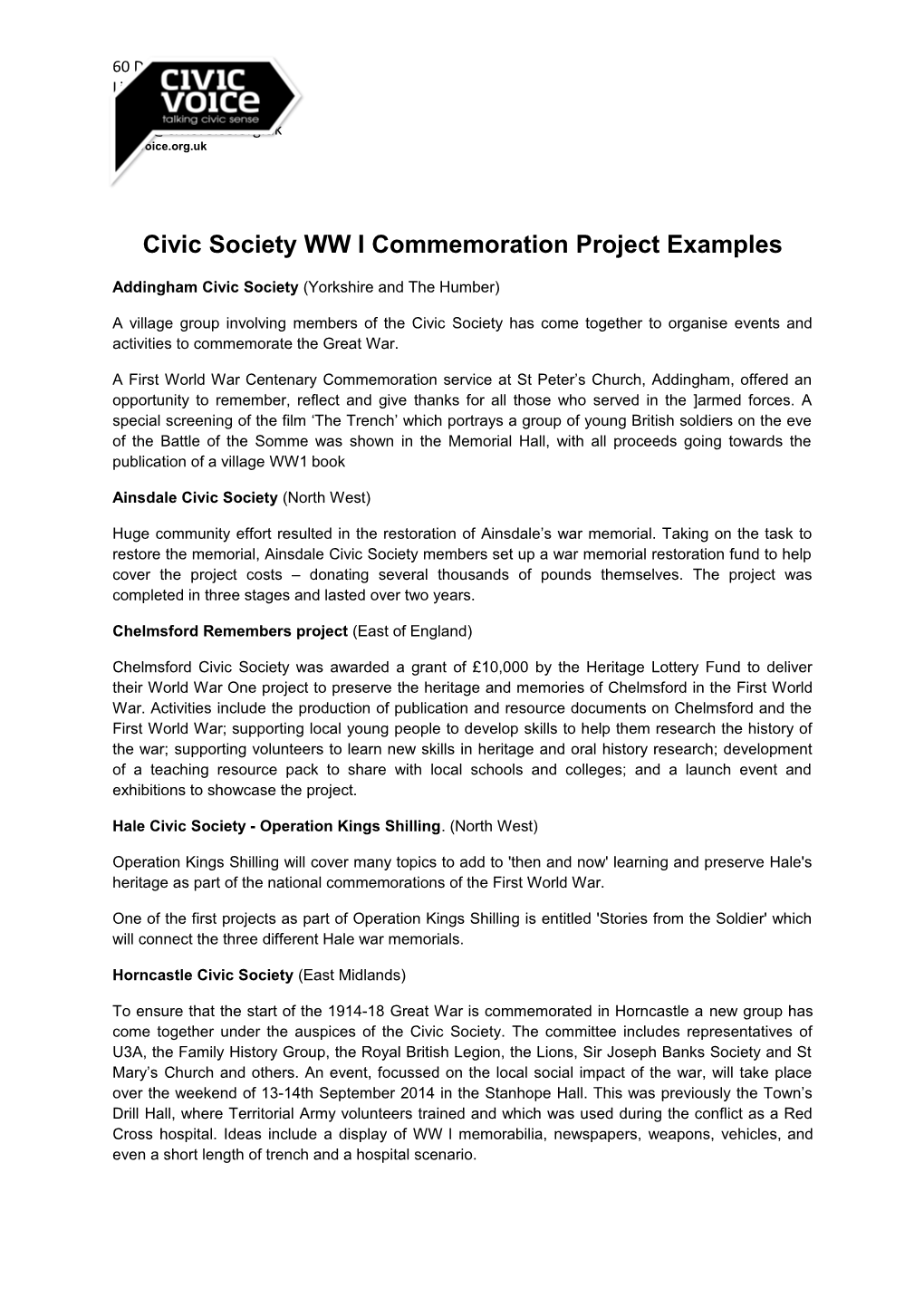 Civic Society WW I Commemoration Project Examples