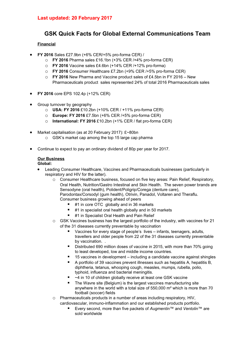 GSK Quick Facts for Global External Communications Team