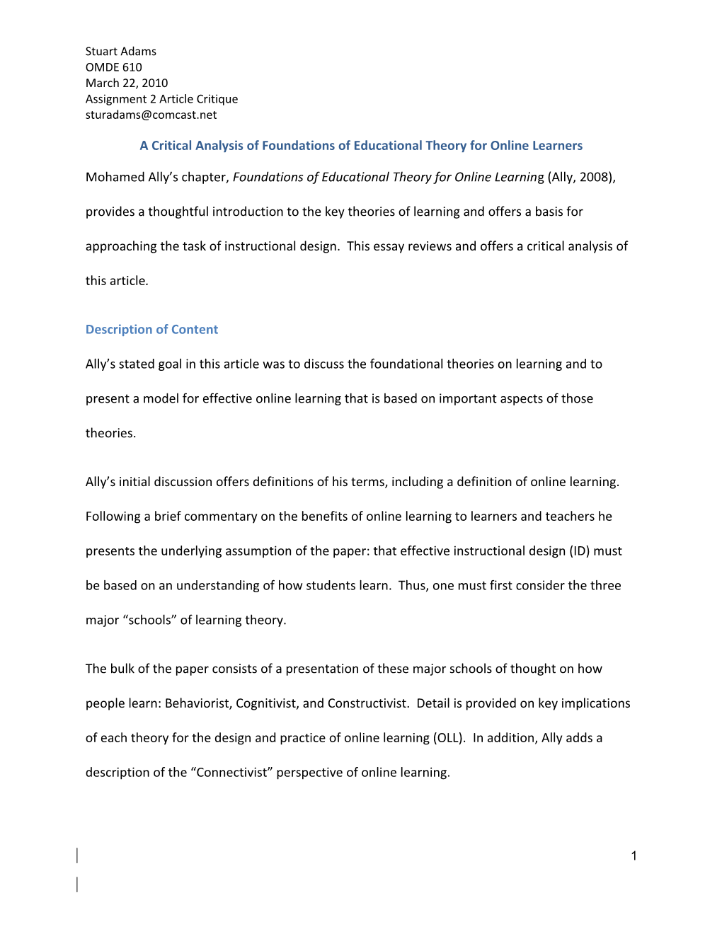 Mohamed Ally S Chapter, Foundations of Educational Theory for Online Learning, Serves As