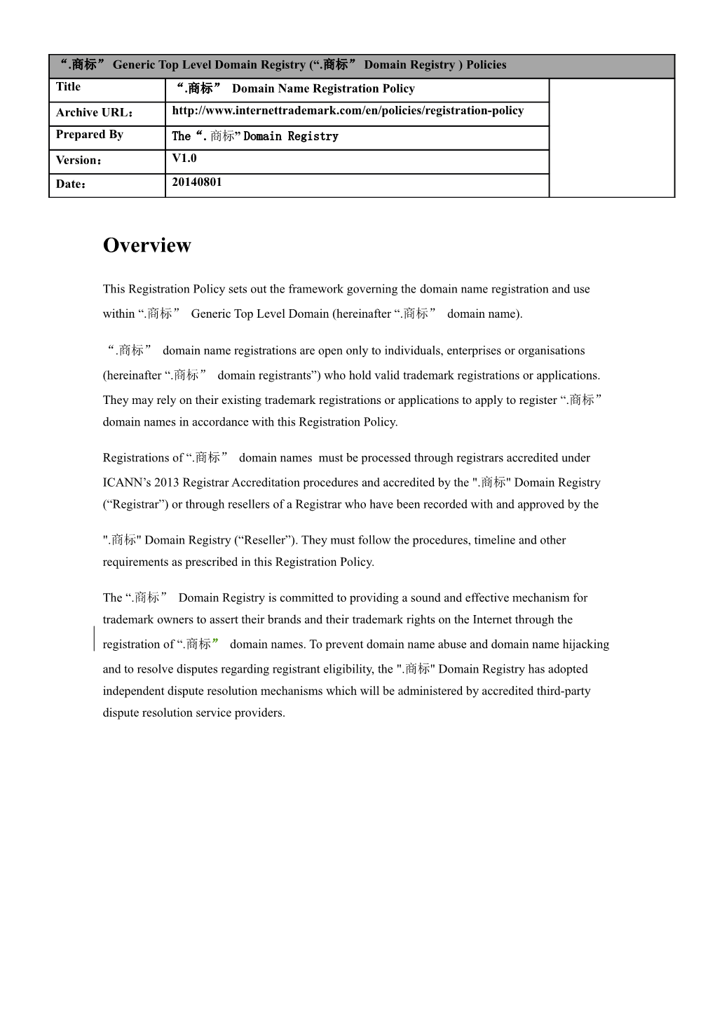 This Registration Policy Sets out the Framework Governing the Domain Name Registration