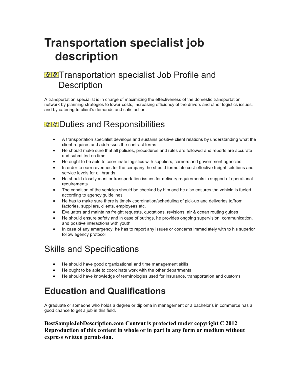 Transportation Specialist Job Description