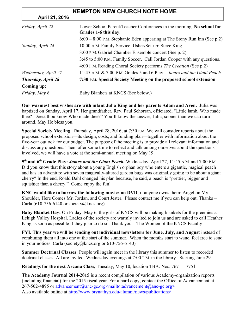 KEMPTON NEW CHURCH NOTE HOME April 21, 2016 Page 2