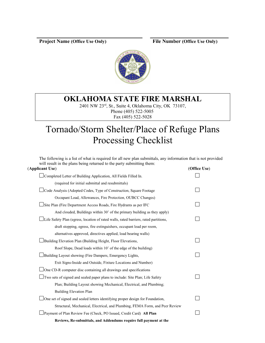 Tornado/Storm Shelter/Place of Refuge Plans Processing Checklist