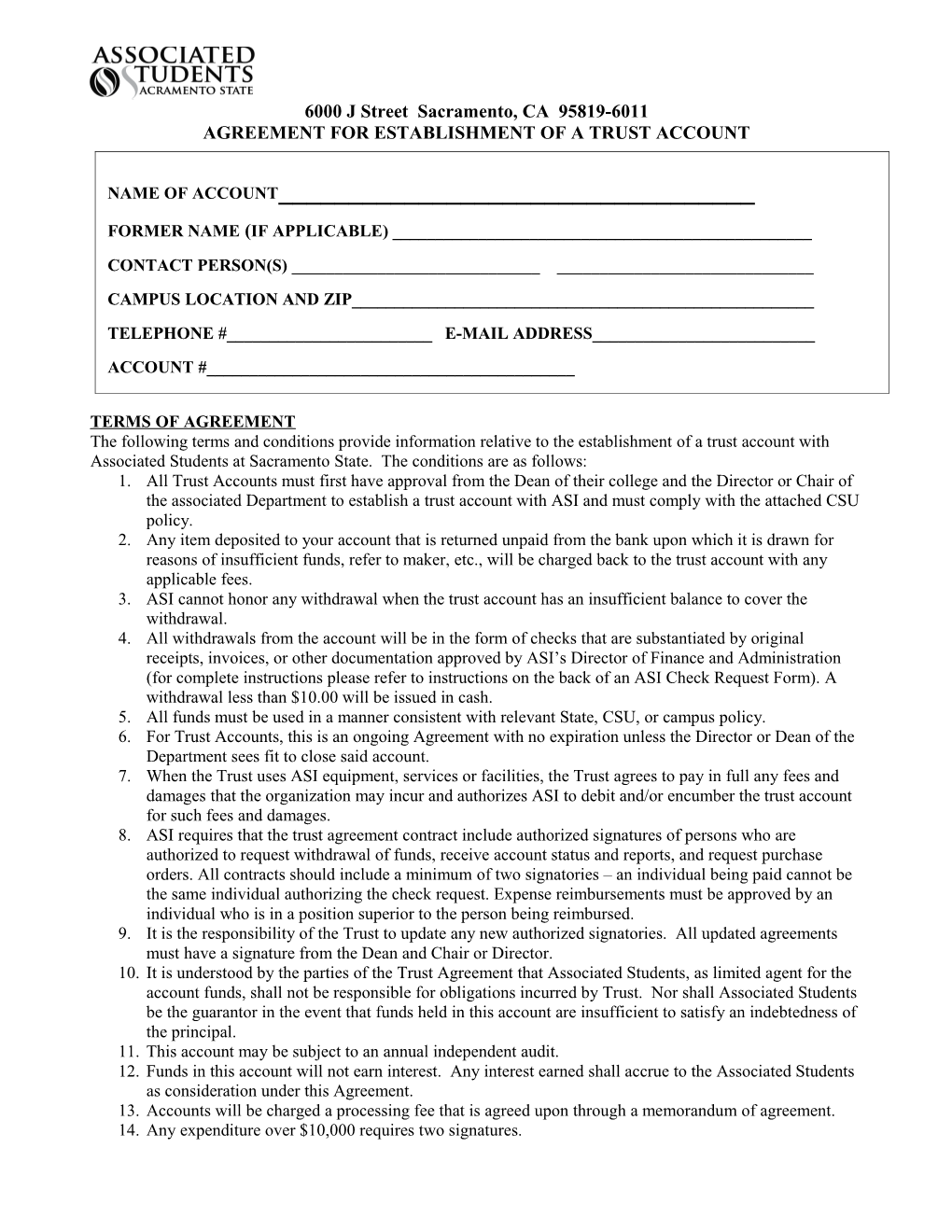 Agreement for Establishment of a Trust Account
