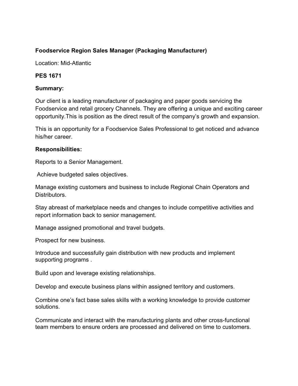 Foodservice Region Sales Manager (Packaging Manufacturer)