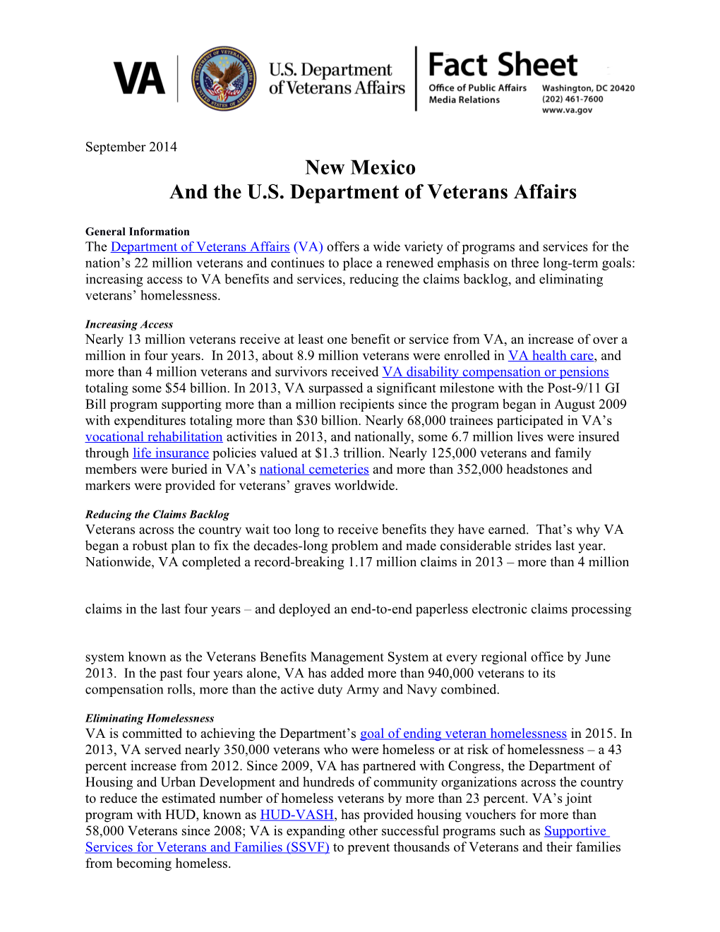 New Mexicoand the U.S. Department of Veterans Affairs